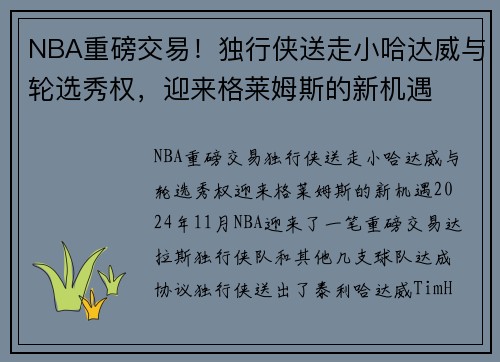 NBA重磅交易！独行侠送走小哈达威与轮选秀权，迎来格莱姆斯的新机遇